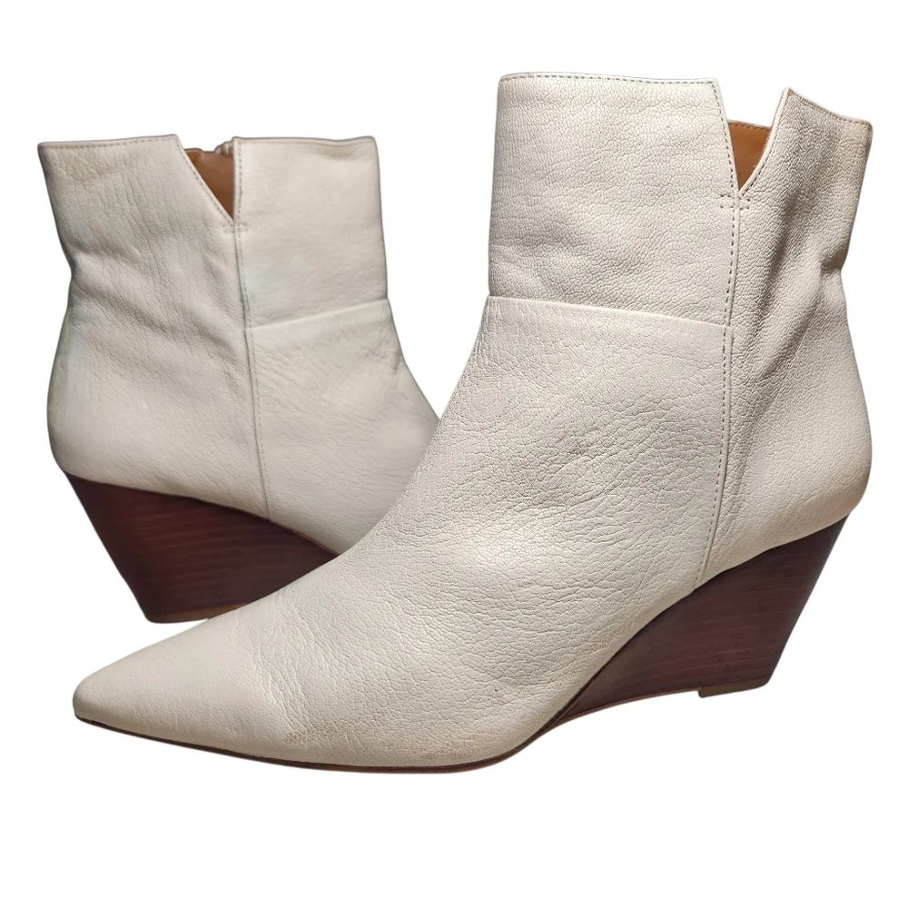 FRANCO SARTO Amsterdam Ivory Leather Ankle Wedge Booties Mod White Luxury‎ 8.5